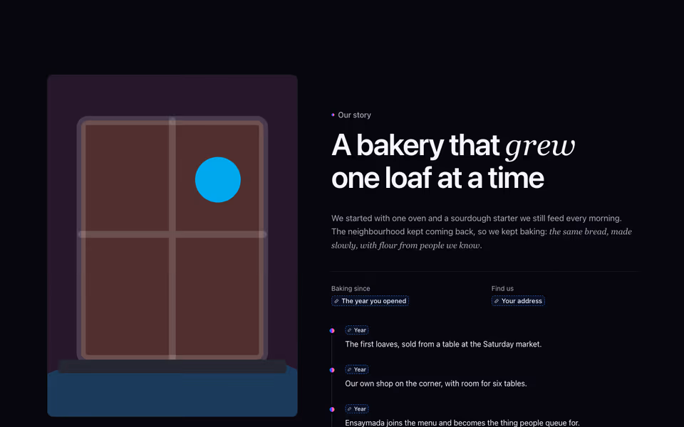 A tall window scene beside a bakery's story and a timeline of milestones