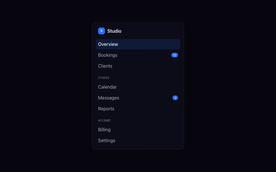 A sidebar with a brand, grouped links and an accent-highlighted current item