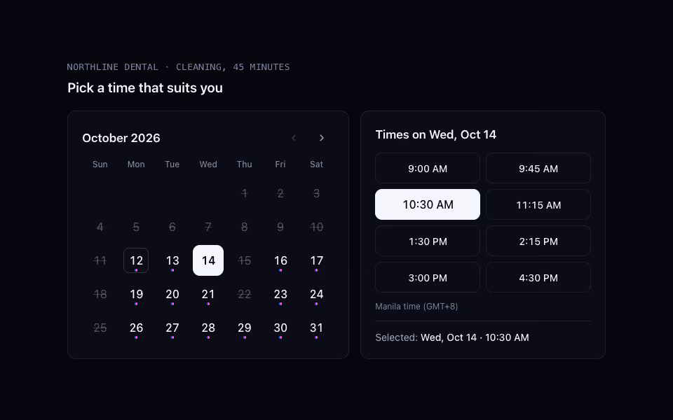 A month calendar with open days marked and a grid of appointment times