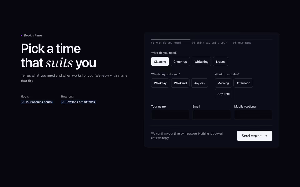 A booking request card with service chips, a preferred day and time, and name and email fields