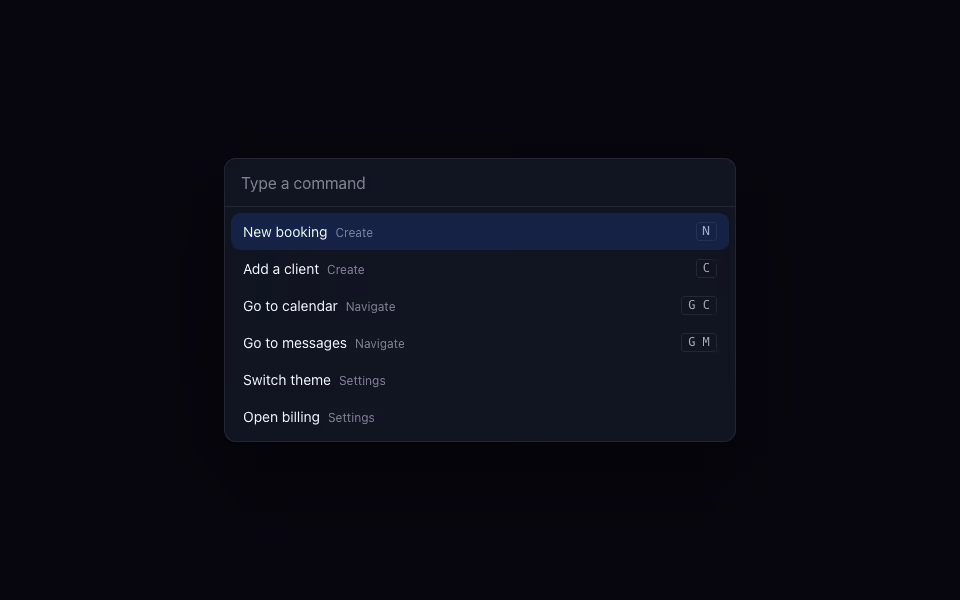 A search field above a list of commands with one highlighted and shortcut keys at the right