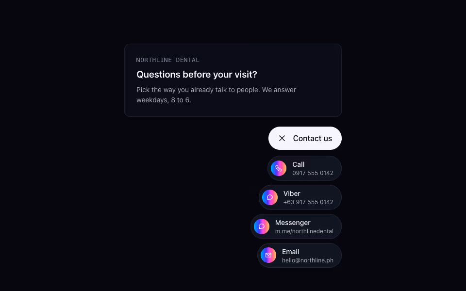 A Contact us button opening into call, Viber, Messenger and email links