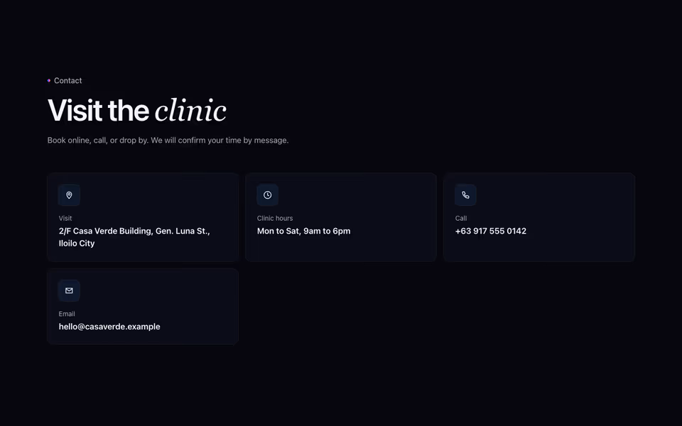 Four contact cards with icons: visit, hours, call and email