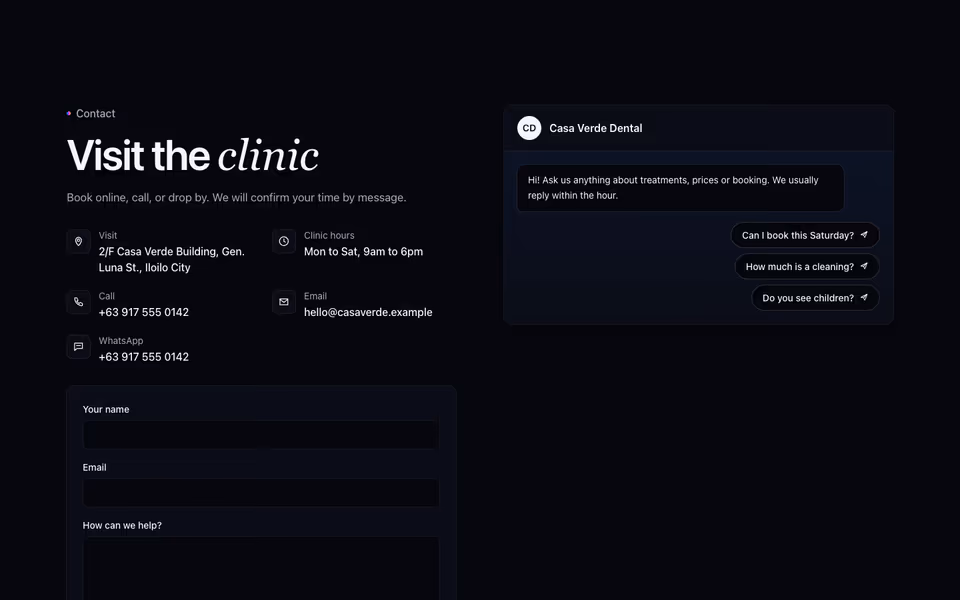 A chat panel with a greeting and three quick questions beside contact channels