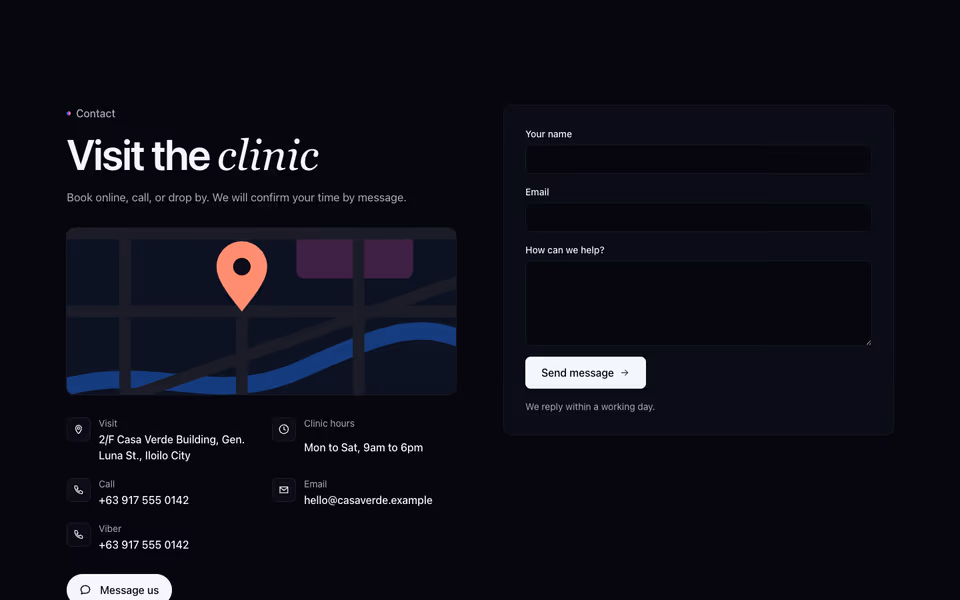 Contact channels, a Message us bloom button and an inquiry form