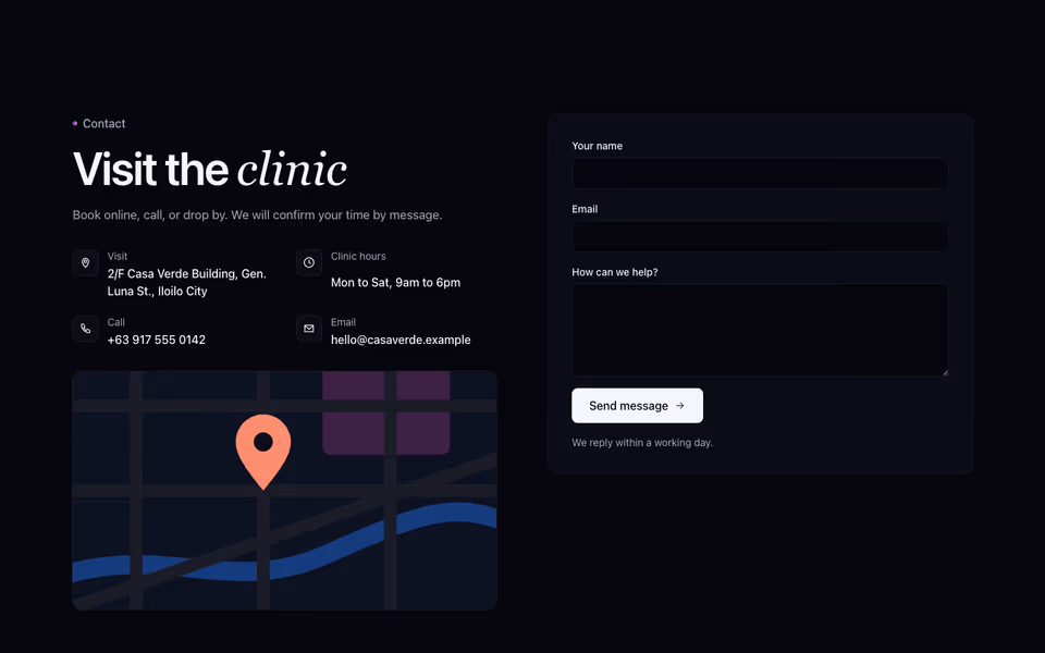 Contact channels with icons and a map scene beside an inquiry form