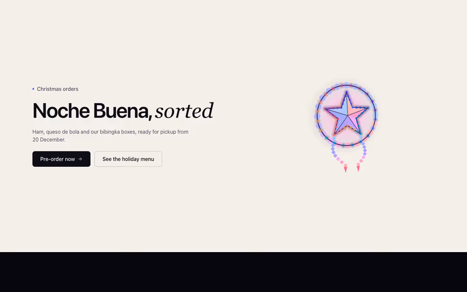A glowing capiz parol beside a Christmas pre-order offer