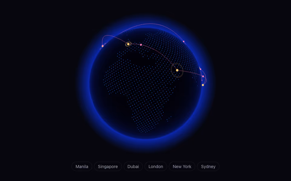 A globe made of blue dots with pulsing gold markers and pink arcs between cities