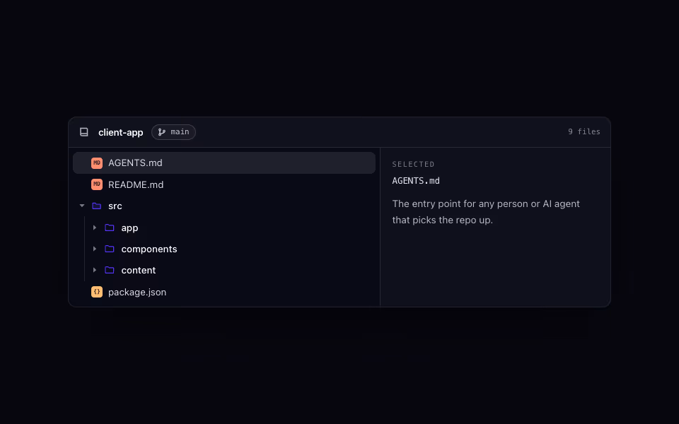 A dark repository console with a folder tree and a detail pane describing the selected file