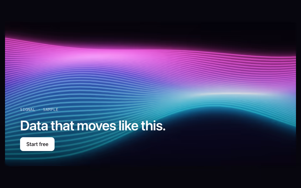 Many thin cyan, violet and magenta lines of light flowing across a dark background in one wave