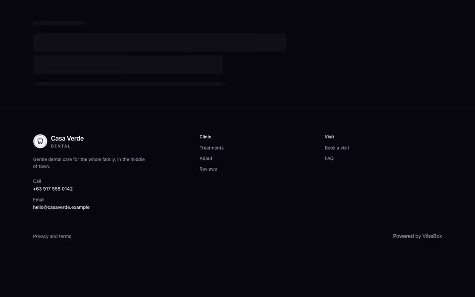 A footer with a monogram, a line, two link columns, contact details and a credit line