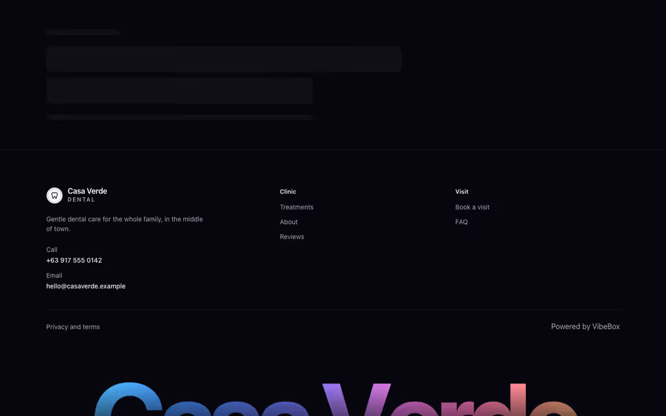 A footer with link columns above the brand name set huge across the page