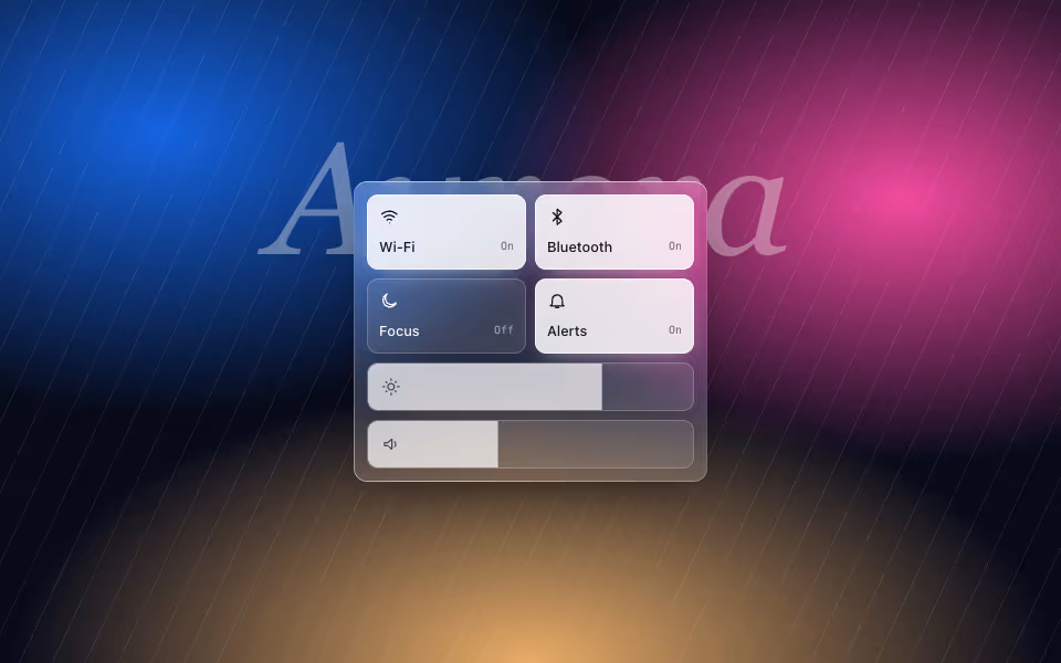 A glass control centre with four toggle tiles and two sliders