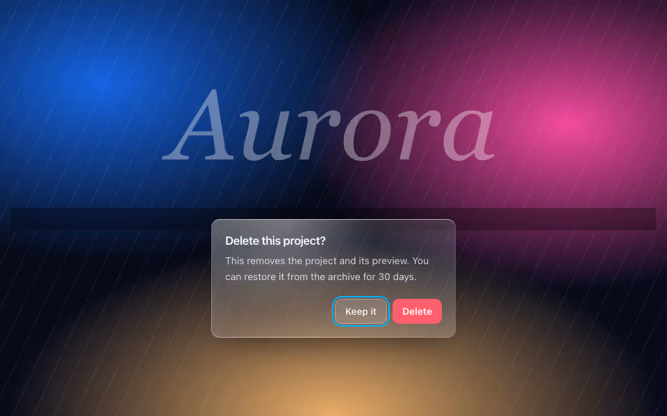 A glass confirmation dialog with two buttons over a dimmed colourful page