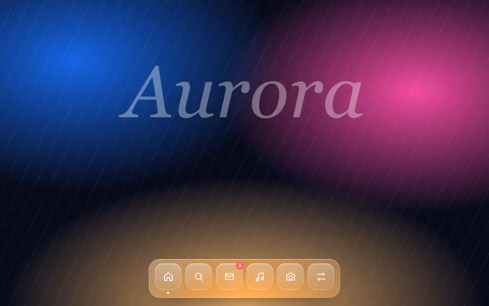 A row of glass app icons, the middle one enlarged, over a gradient