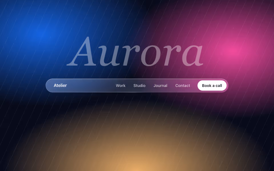 A glass pill header with a wordmark, four links and a white call to action