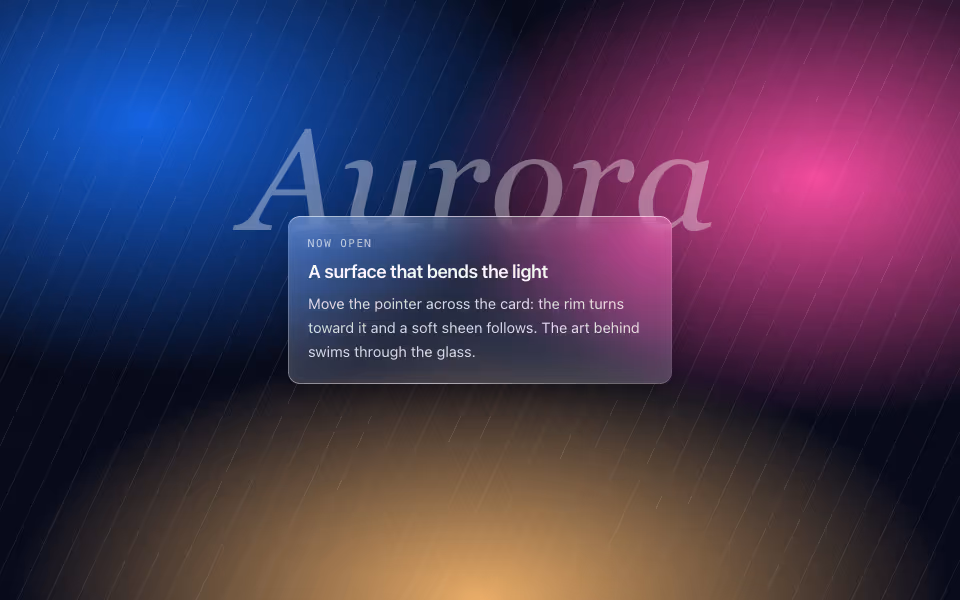 A frosted glass card over a colourful gradient, with a bright rim and a soft sheen