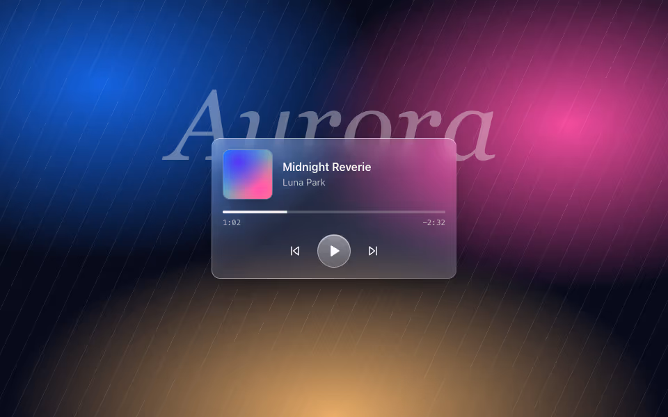A glass music player with gradient art, a progress bar and three transport buttons