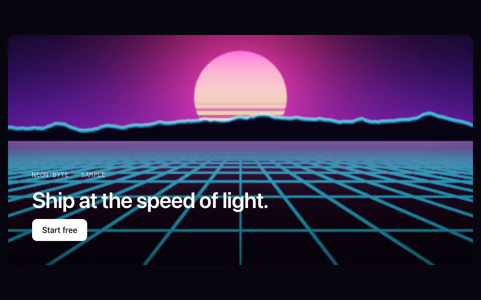 A pink and gold striped sun over a cyan grid and a mountain ridge