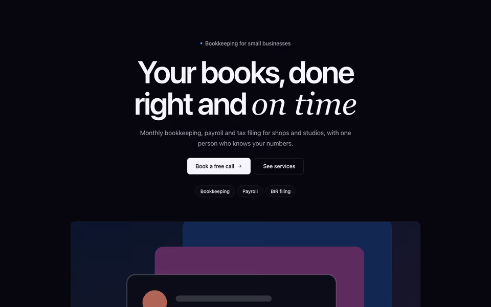 A centred headline with two buttons and highlight chips above a wide image of stacked cards