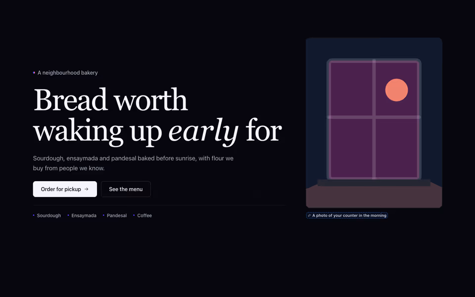 A large serif headline about bread beside a framed window scene with a caption fill-in