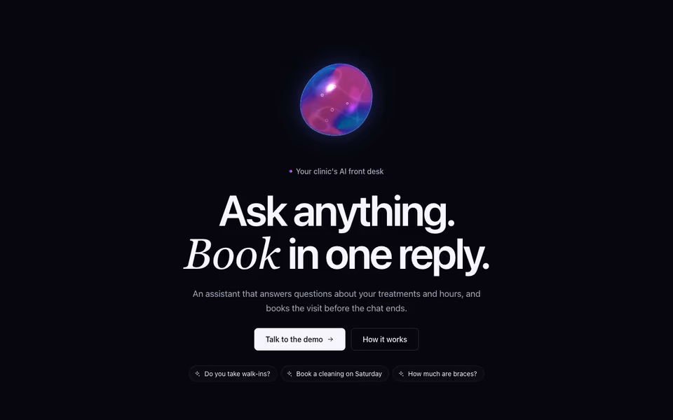 A glowing liquid orb above a headline and three suggestion chips
