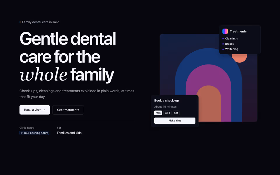 A split hero: a headline and two buttons beside arches with a booking card and a treatment list