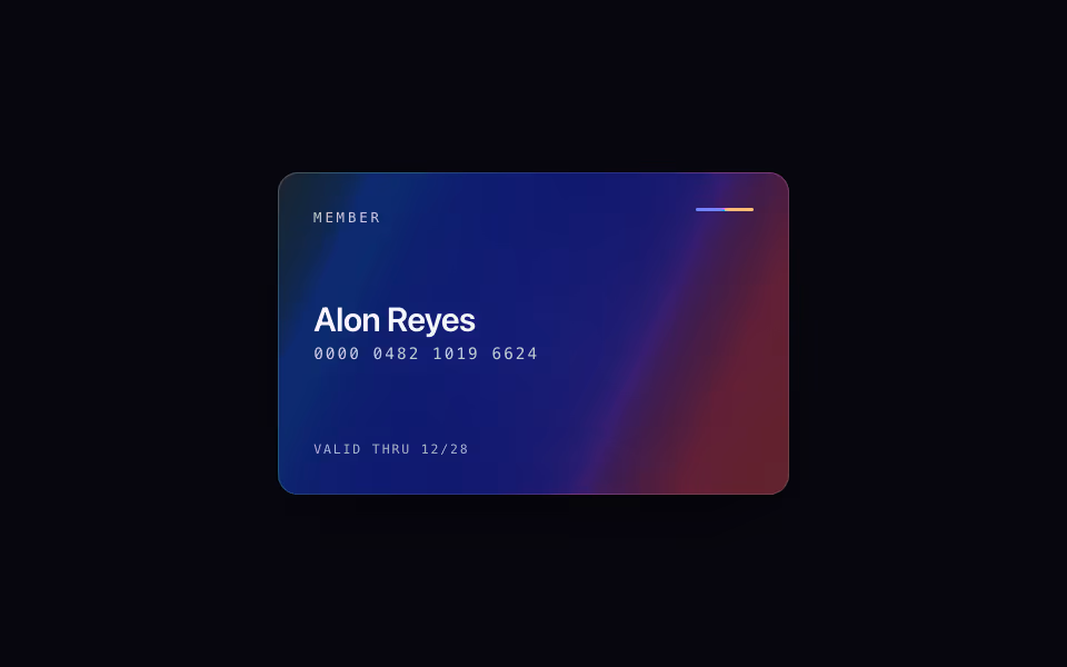 A dark membership card with a spectrum holographic foil and a glare following the pointer