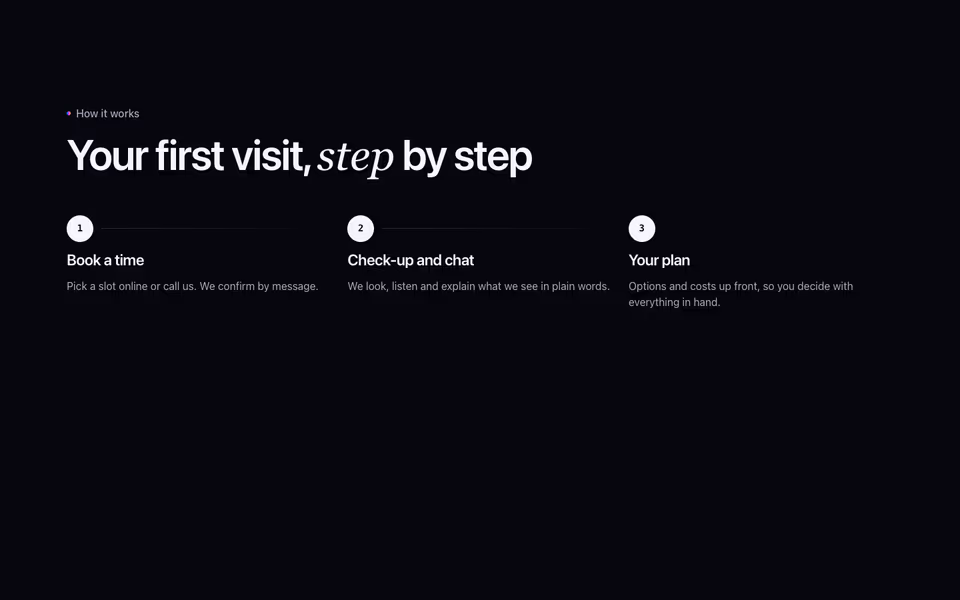 Three numbered steps for a first dental visit in a row