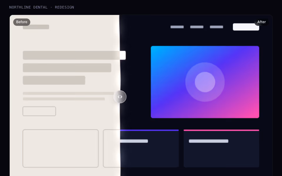 A website wireframe and its finished design split by a rippling liquid seam