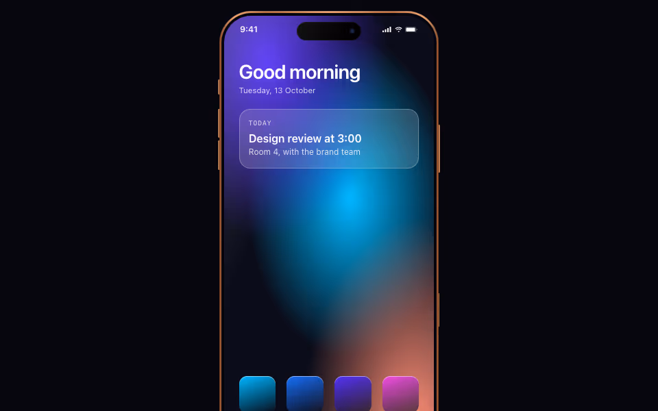 An iPhone drawn in its orange finish with a colourful app screen