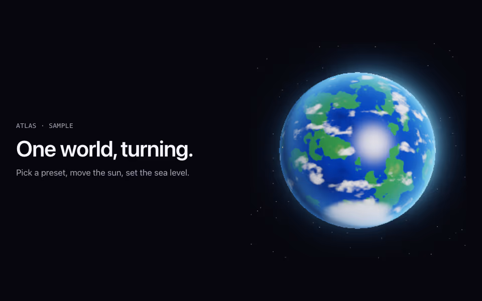 A planet with blue oceans, green continents and white clouds, lit from one side
