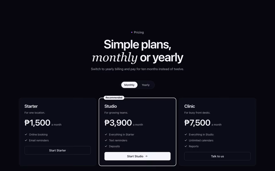 Three plan cards with a monthly and yearly switch above them