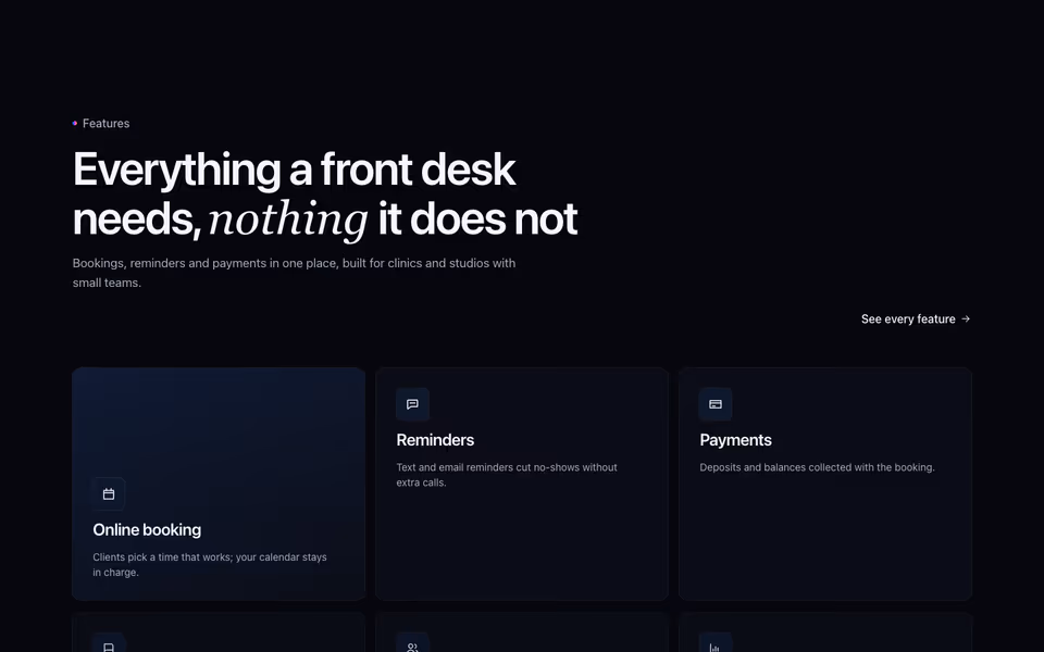 Six feature cards with line icons for booking, reminders, payments, notes, schedules and reports