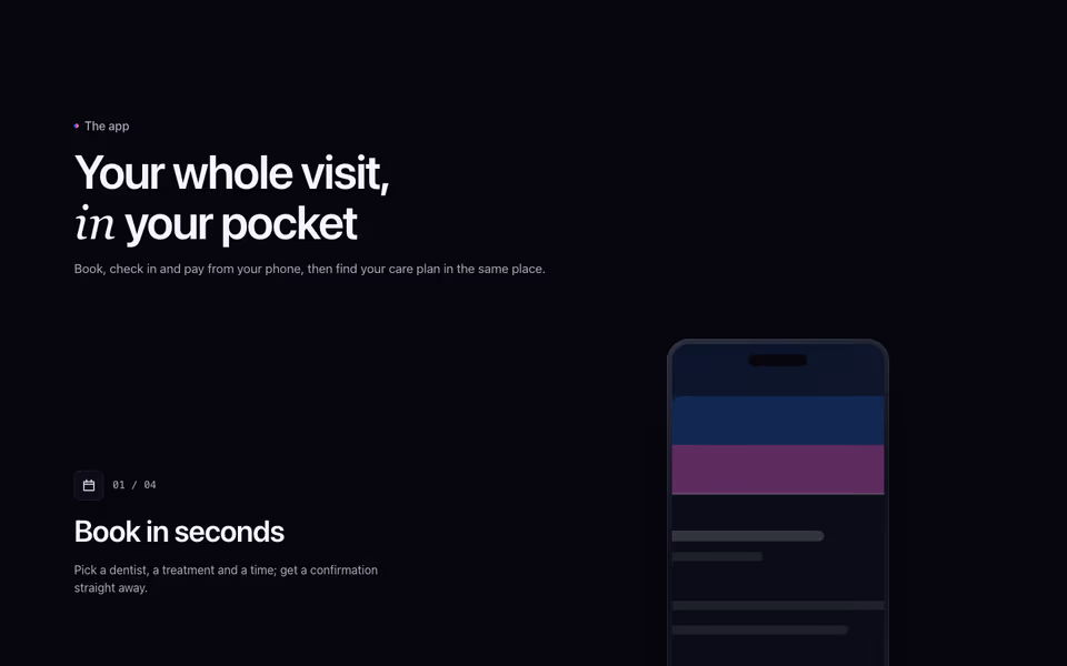 Four app features beside a phone frame showing the active feature's screen