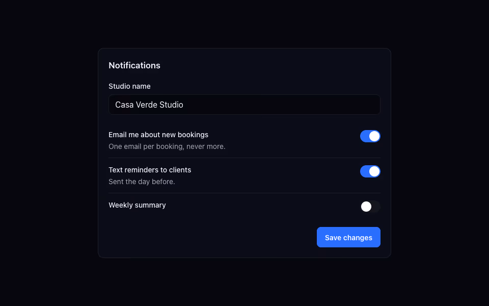 A settings card with a name field, three toggle switches with help text and a save button