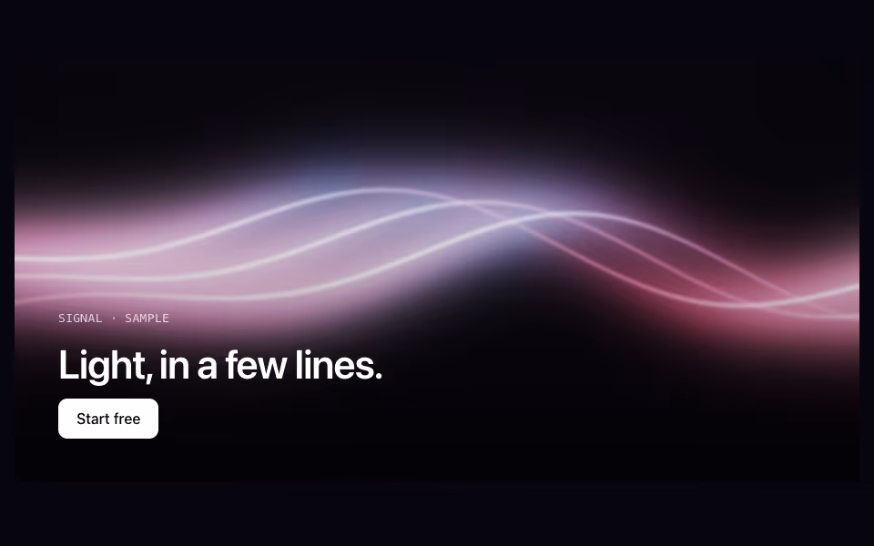A soft ribbon of pink and lilac light waving across a dark background with thin bright threads through it