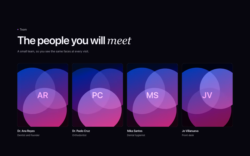 Four team portraits in a spectrum duotone with names and roles