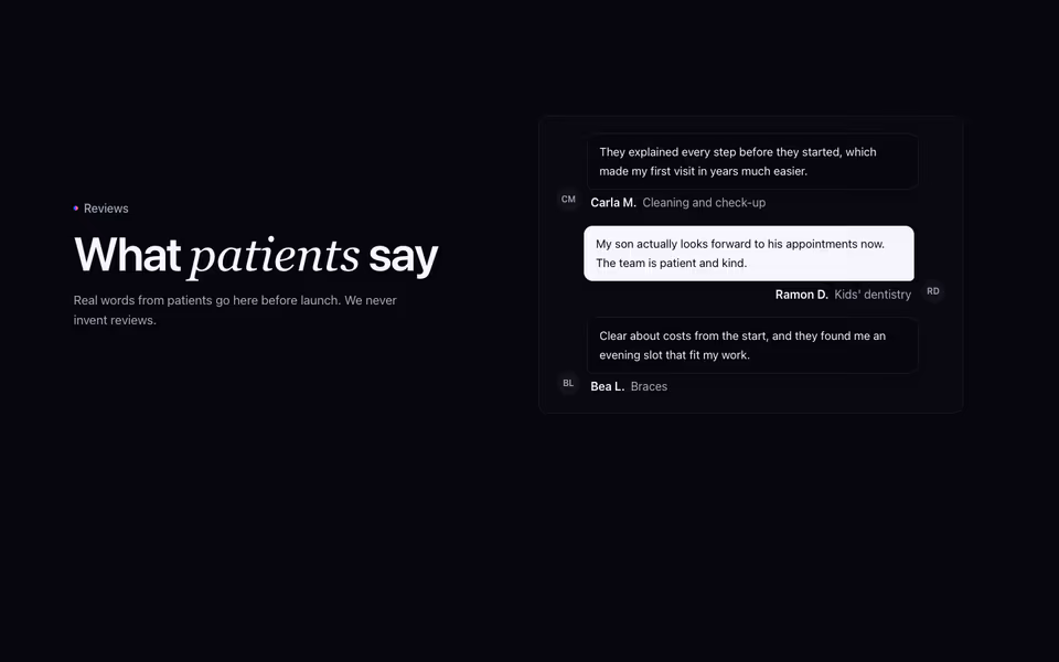 Three customer quotes as chat bubbles beside a heading