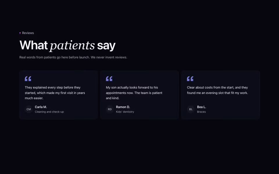 Three quote cards from patients with names and the treatment they came for