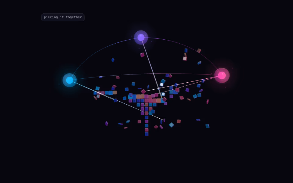Three orbs trading sparks over scattered pieces, then building them into a mark