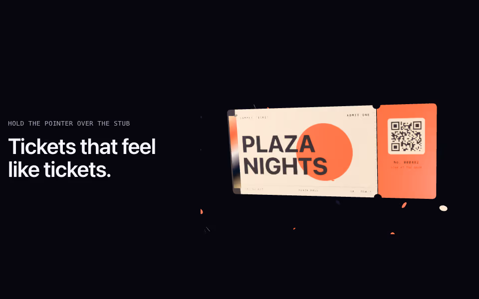 A cream paper ticket with an orange sun, a foil spine and a torn stub, in 3D