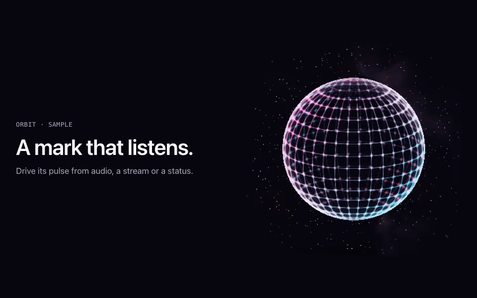 A glowing wireframe sphere with cyan and magenta lines and a halo of points